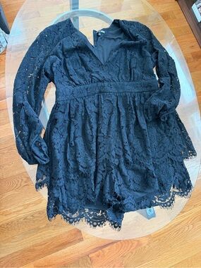 Fashion Nova Black Lace Romper with Zip Detail